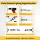 Step-by-step instructional guide showing how to use a power drill to install screw eye hooks into wood posts for an outdoor lighting support system.