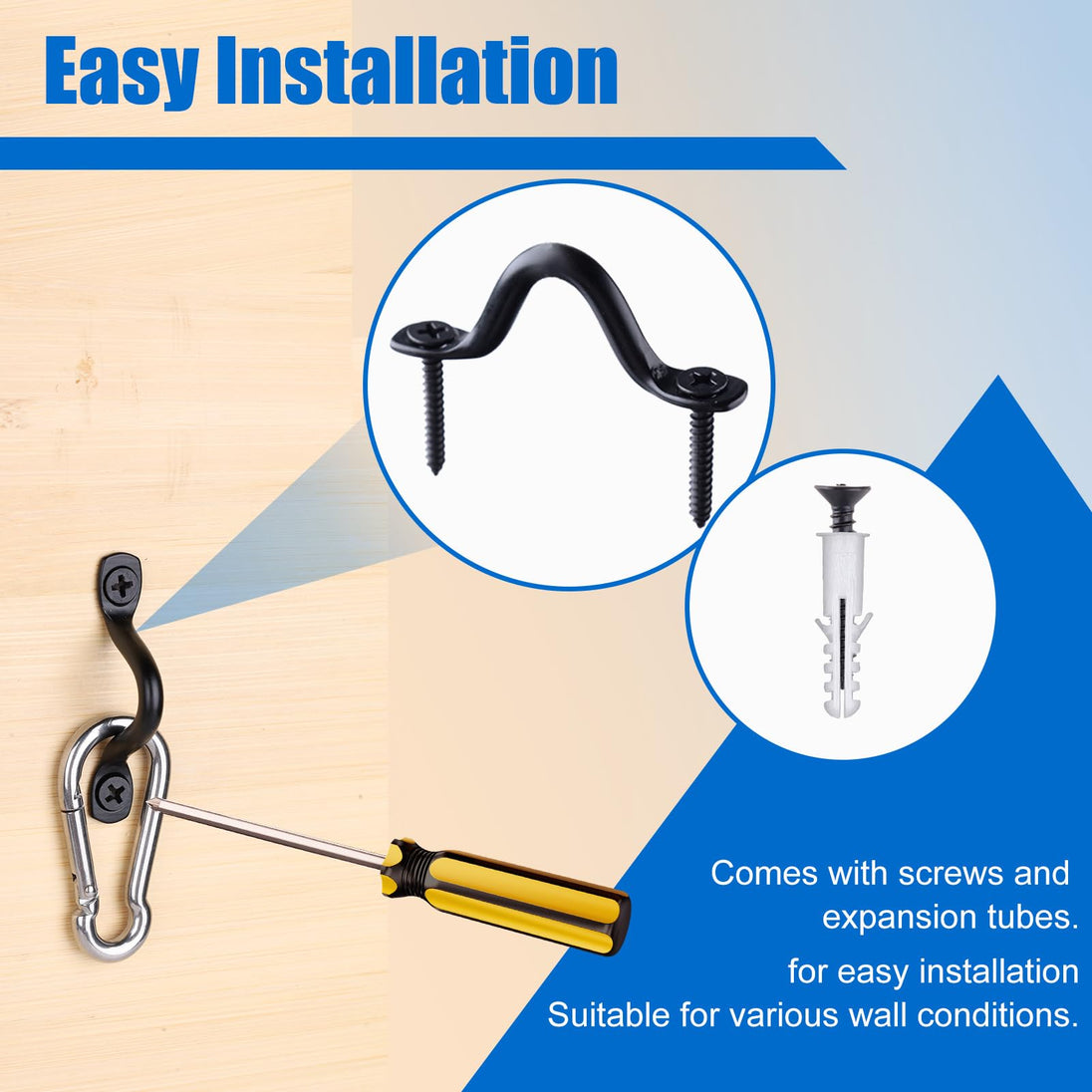 Easy installation guide for black pad eye straps with included screws and anchors.