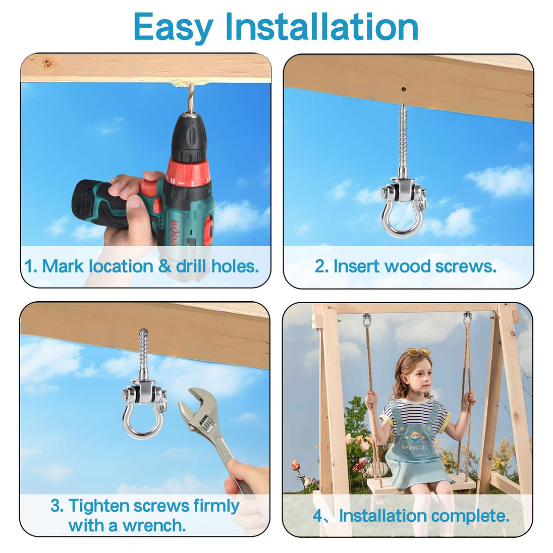 Four step easy installation guide for mounting the RiaYer single screw swing hanger into a wood beam.