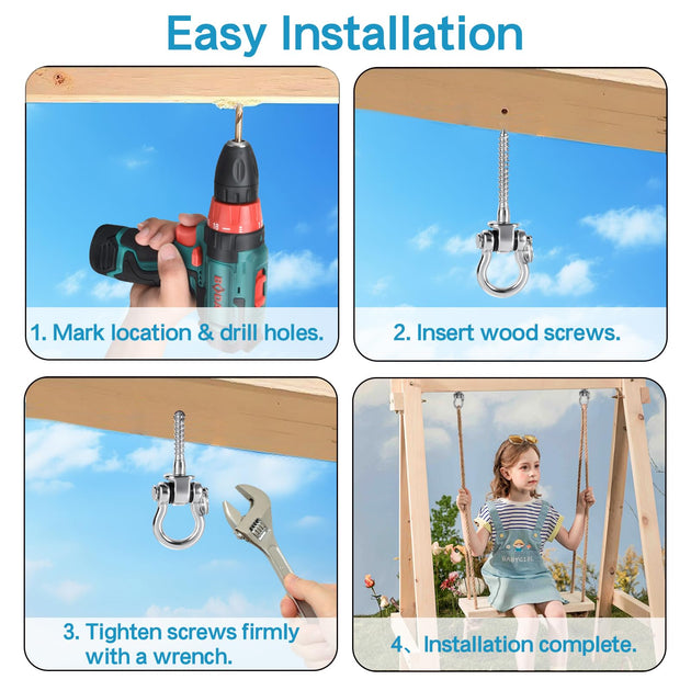 Four step easy installation guide for mounting the RiaYer single screw swing hanger into a wood beam.