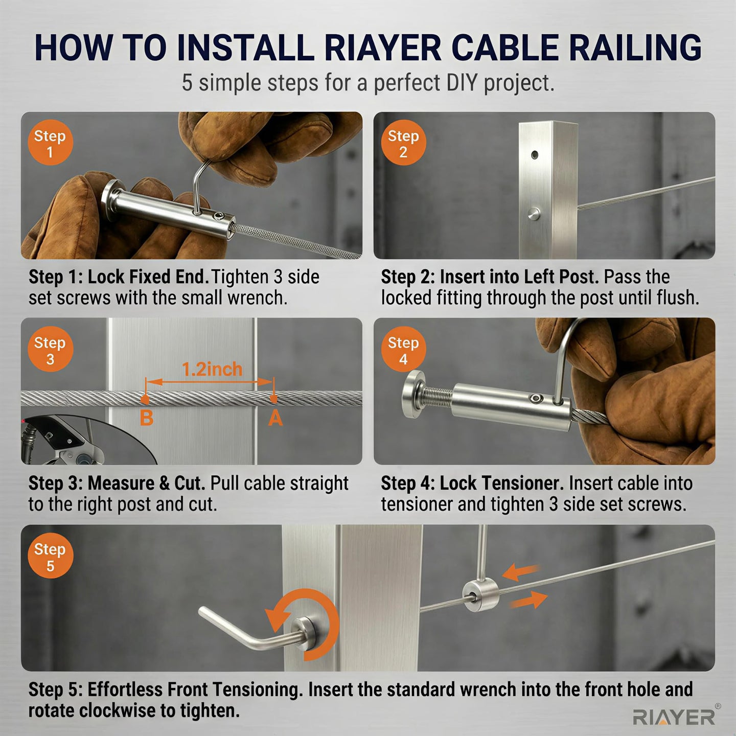 Step-by-step installation guide for RiaYer swageless cable railing system