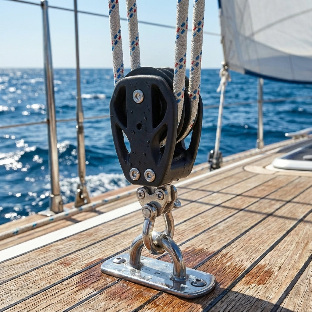 RiaYer hybrid double sheave block installed on a sailboat deck for mainsheet rigging.