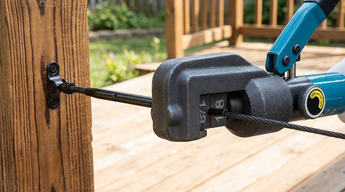 Close-up of a blue hydraulic crimping tool swaging a black metal terminal fitting onto a 1/8 inch black wire rope attached to a wooden deck post.