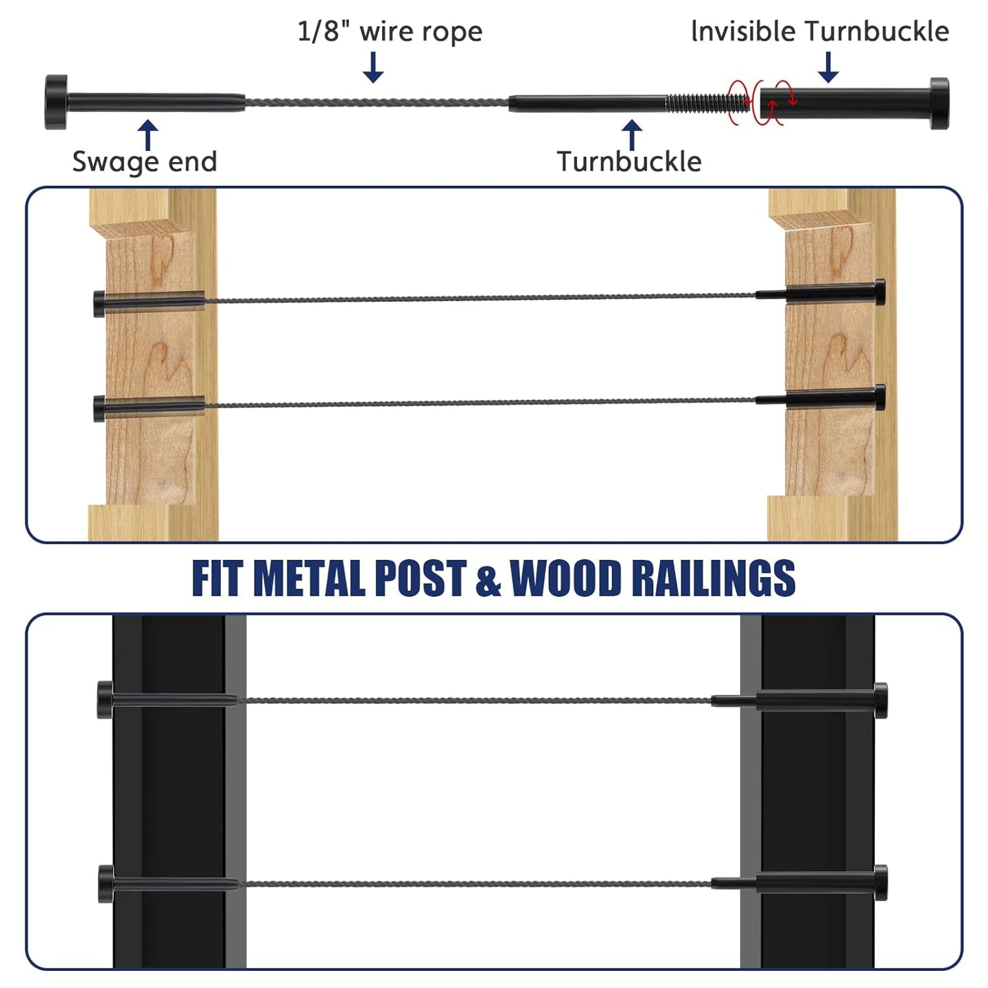 Black invisible cable tensioner Using hydraulic crimper tool to swage 1/8 inch wire rope into black invisible terminal