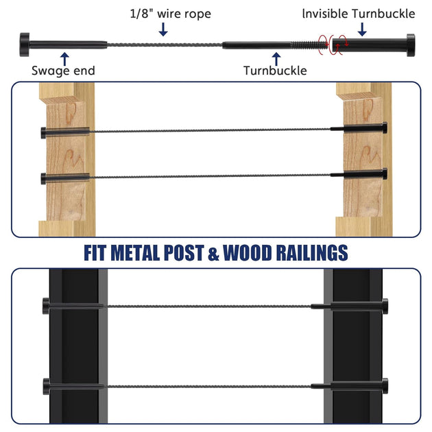 Black invisible cable tensioner Using hydraulic crimper tool to swage 1/8 inch wire rope into black invisible terminal