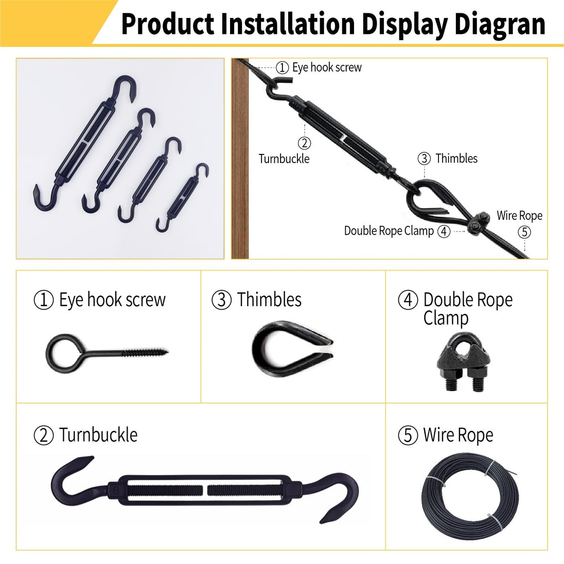 Diagram of product installation with labeled components including eye hook screw, turnbuckle, thimbles, double rope clamp, and wire rope.