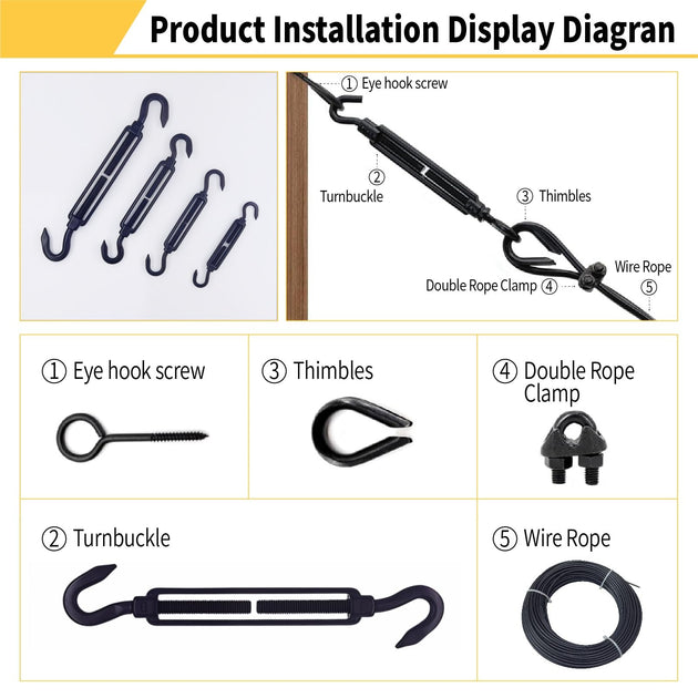 Diagram of product installation with labeled components including eye hook screw, turnbuckle, thimbles, double rope clamp, and wire rope.