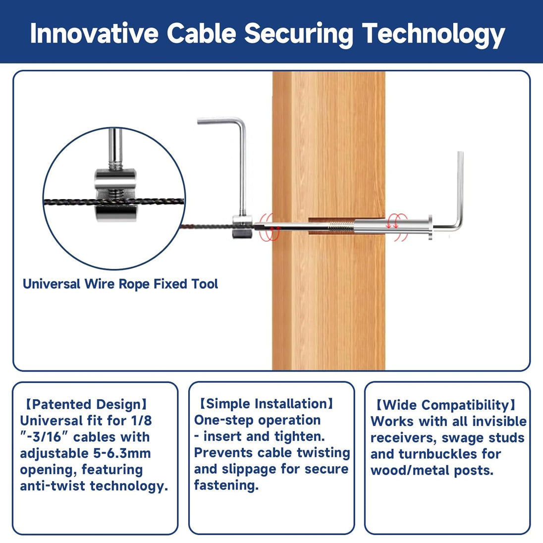 	Diagram showing the flush invisible cable securing technology and hidden turnbuckle
