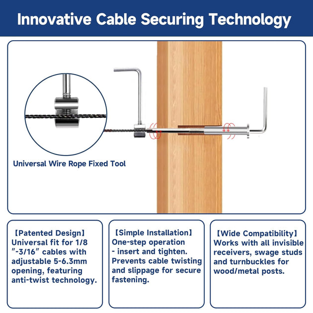 	Diagram showing the flush invisible cable securing technology and hidden turnbuckle