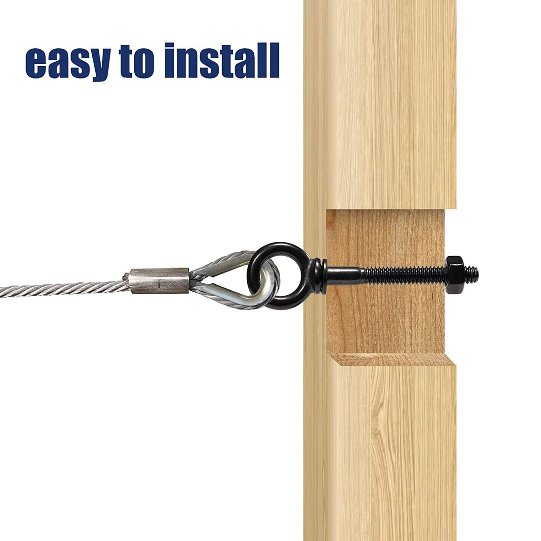 Easy to install black extended thread eye bolt going through a wood post