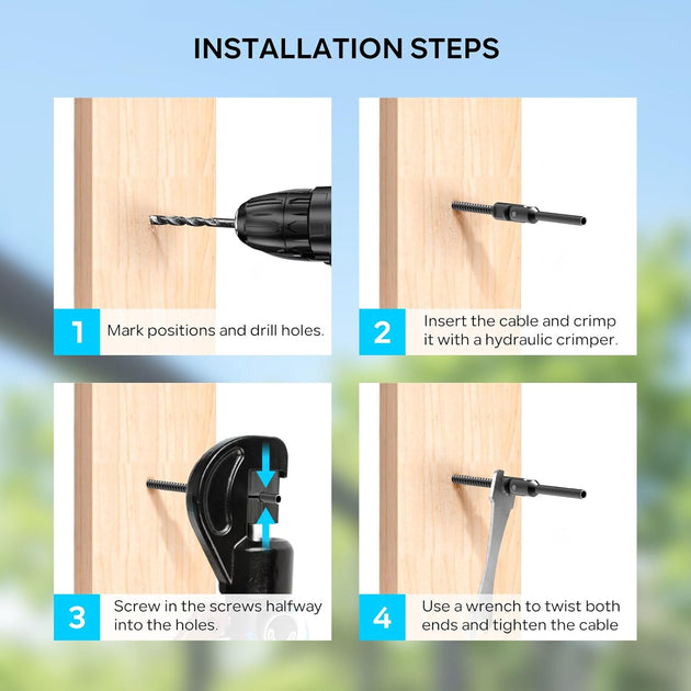 Step by step installation guide for RiaYer invisible adjustable cable railing system on wood posts.