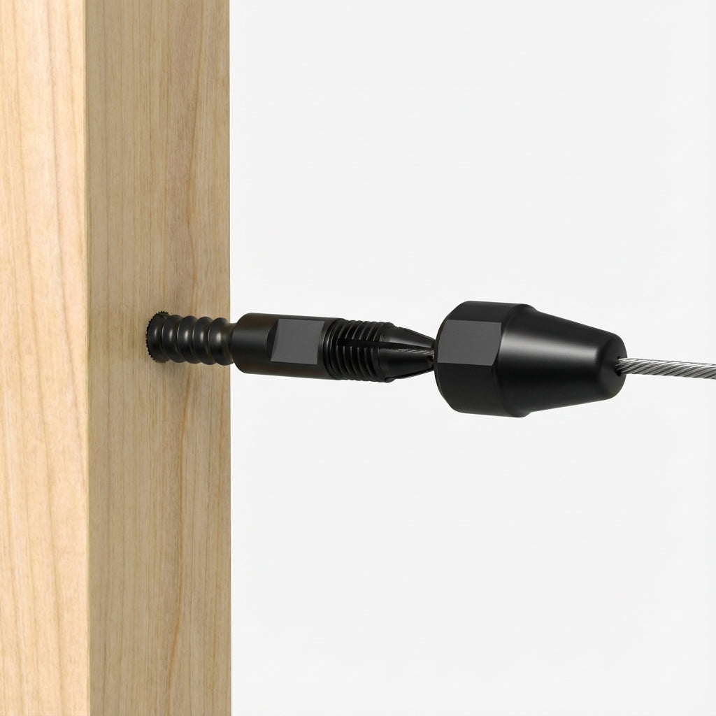 Invisible black screw lock cable railing terminal hidden inside a wood post