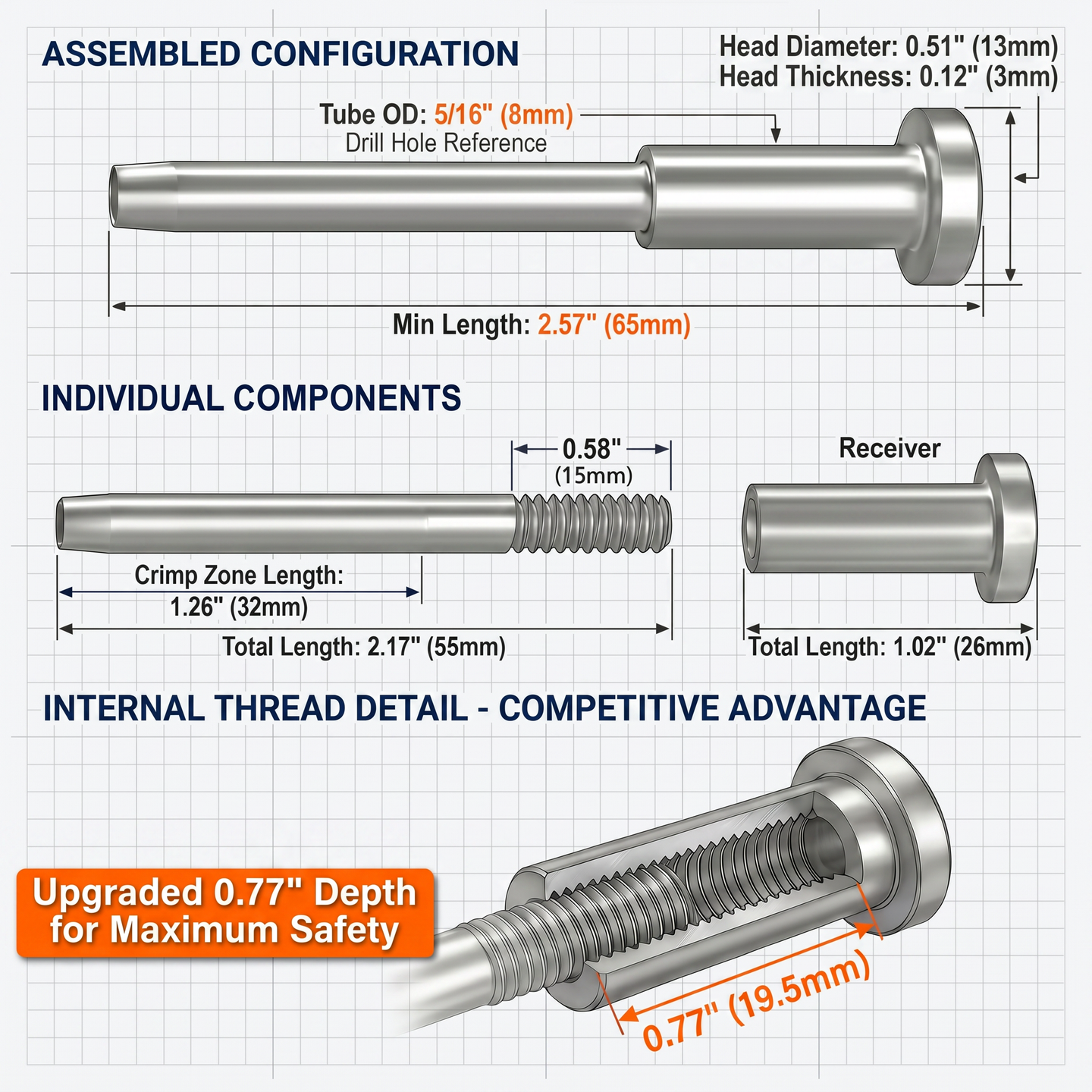 Detailed blueprint and dimensions of the individual components and assembled configuration of the hidden tensioner, highlighting the 5/16 inch drill hole requirement and upgraded 0.77 inch thread depth.