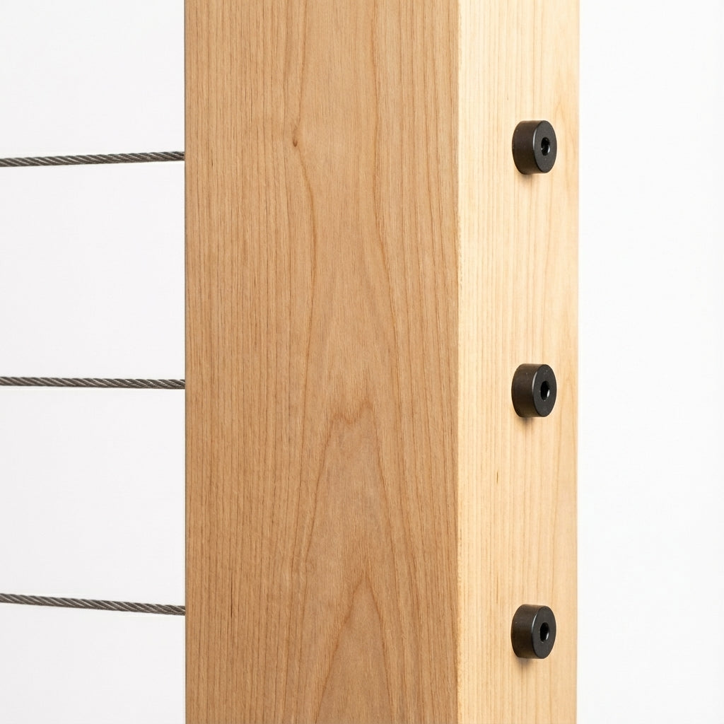 Flush and seamless look of black invisible cable railing hardware installed in wood post