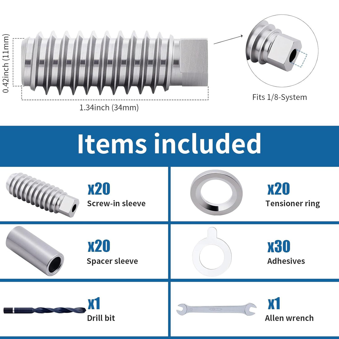 Dimensions and included items for the RiaYer invisible swage cable railing kit.