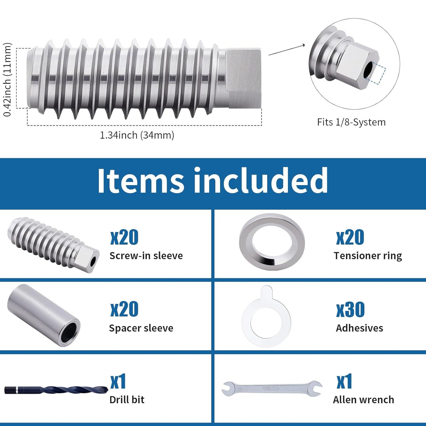 Dimensions and included items for the RiaYer invisible swage cable railing kit.