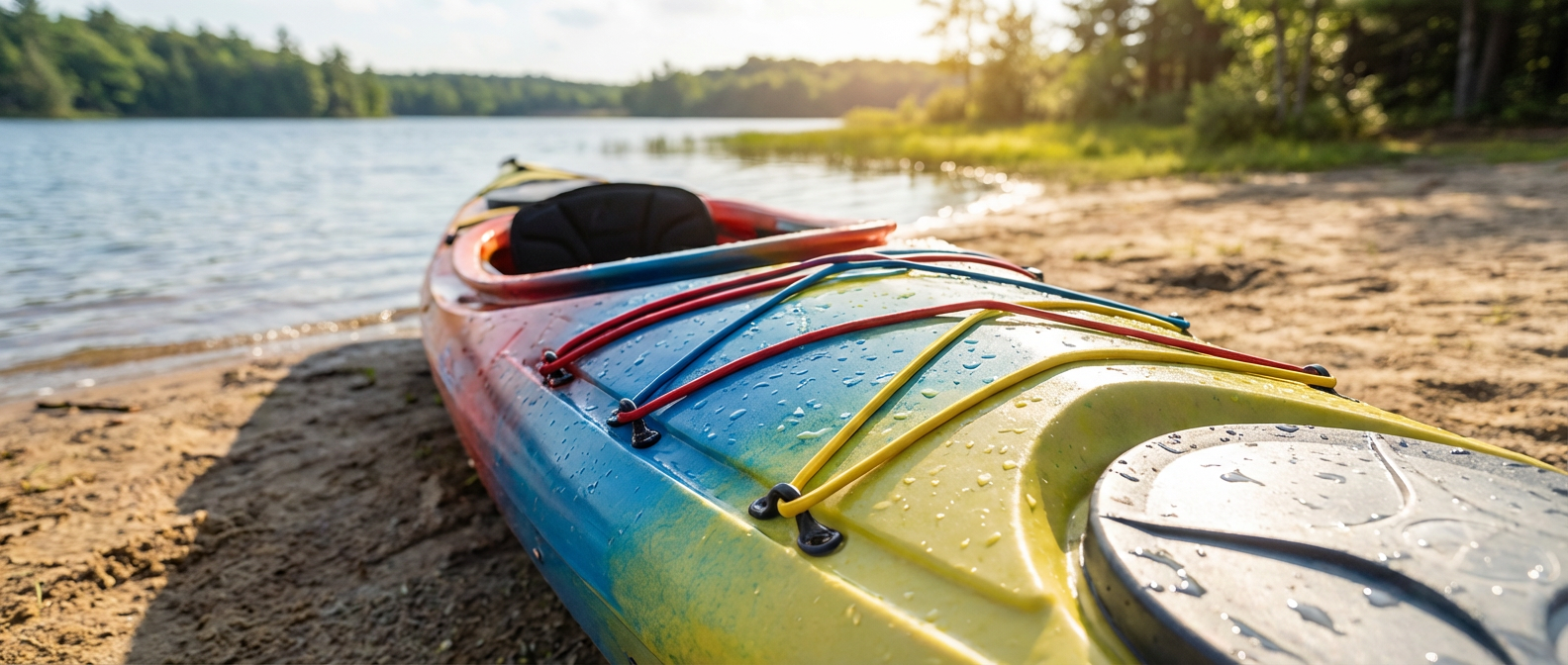 Close-up of a colorful kayak resting on a sandy beach near the water. The image highlights the kayak's deck rigging, featuring colorful elastic bungee cords secured by durable black nylon pad eye deck loops, covered in fresh water droplets.