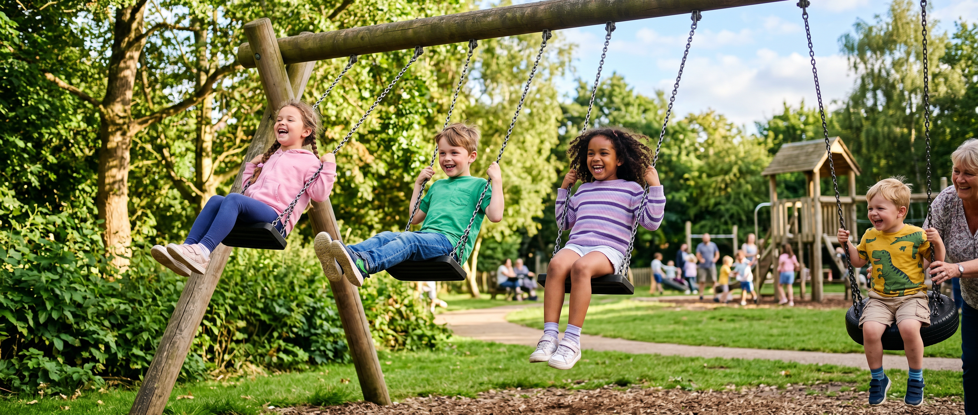 A group of diverse, happy children swinging on a wooden playground set in a sunny outdoor park. The swings are supported by heavy-duty, silent swing hanger hardware, ensuring a safe, smooth, and squeak-free ride for kids.