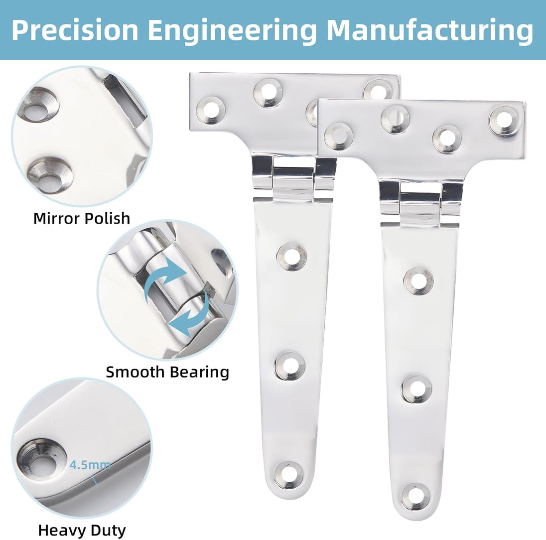 Heavy duty 6 inch marine T hinge with matching 316 stainless steel mounting screws