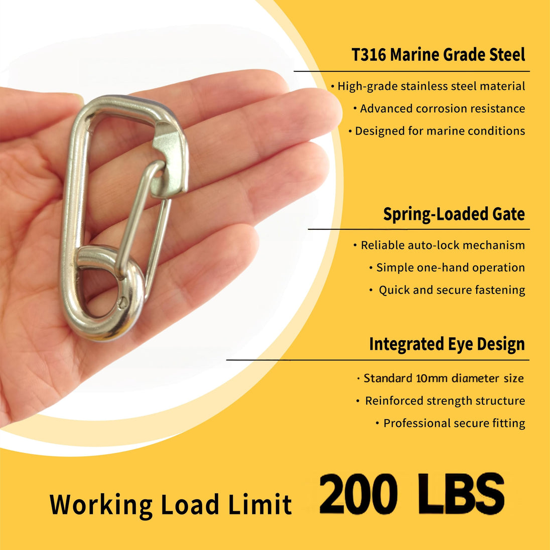 A person holding a compact stainless steel snap hook, with graphics indicating its 200 LBS working load limit, perfect for light-duty outdoor securing.