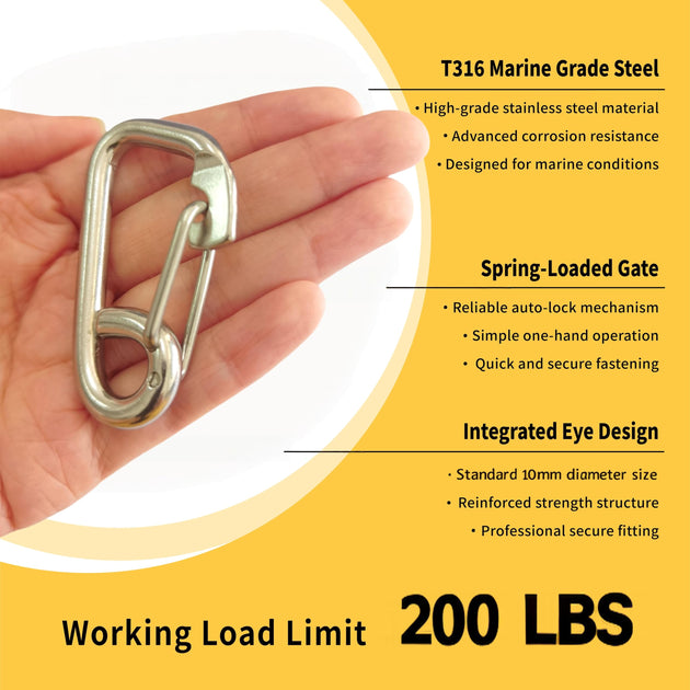 A person holding a compact stainless steel snap hook, with graphics indicating its 200 LBS working load limit, perfect for light-duty outdoor securing.