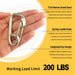 A person holding a compact stainless steel snap hook, with graphics indicating its 200 LBS working load limit, perfect for light-duty outdoor securing.