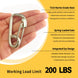 A person holding a compact stainless steel snap hook, with graphics indicating its 200 LBS working load limit, perfect for light-duty outdoor securing.