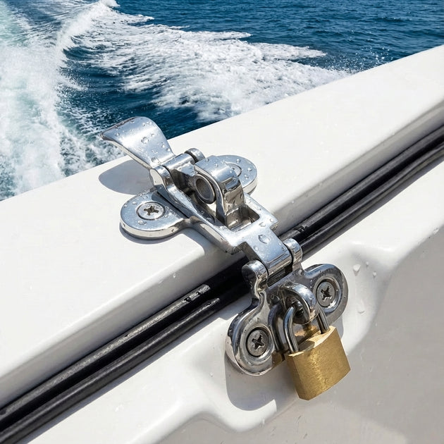 RiaYer lockable boat hatch latch installed on a marine deck with a padlock.