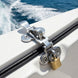RiaYer lockable boat hatch latch installed on a marine deck with a padlock.
