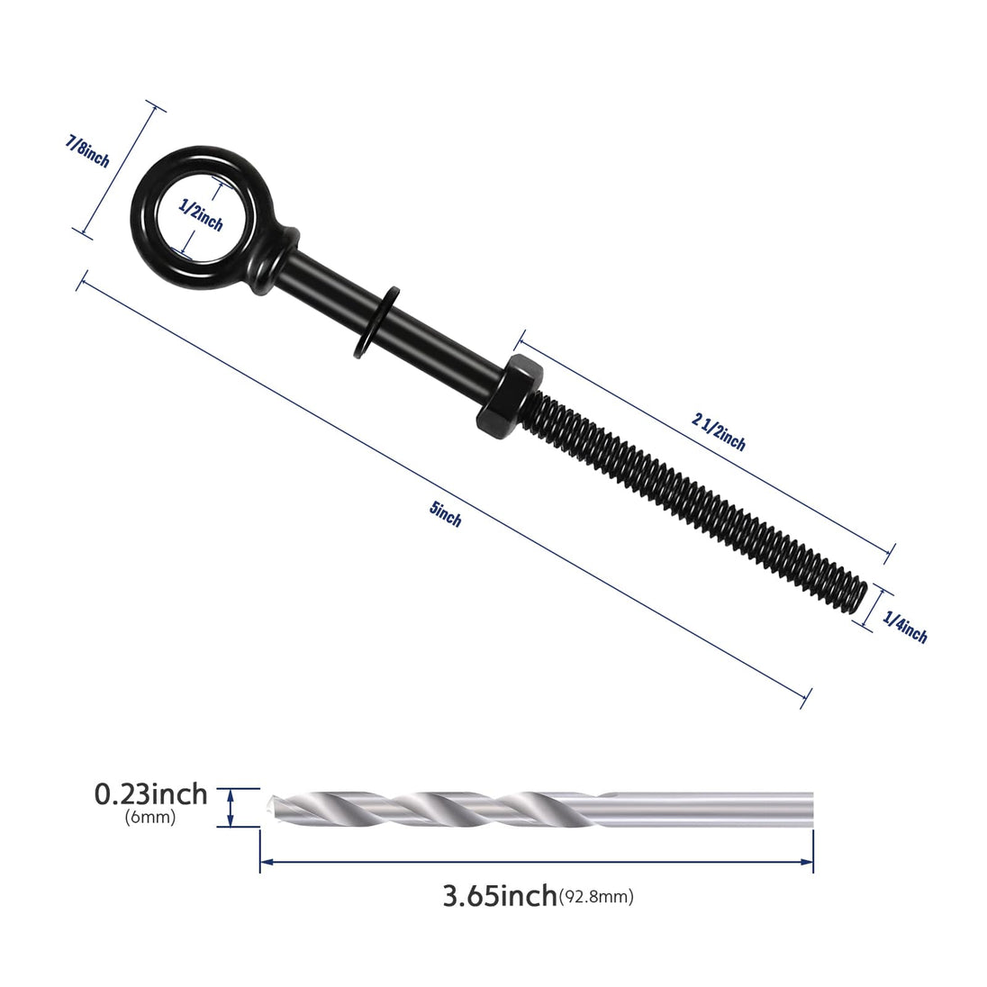 Detailed dimension diagram for a long thread screw eye bolt, providing precise measurements for the inner ring diameter and wood thread length.