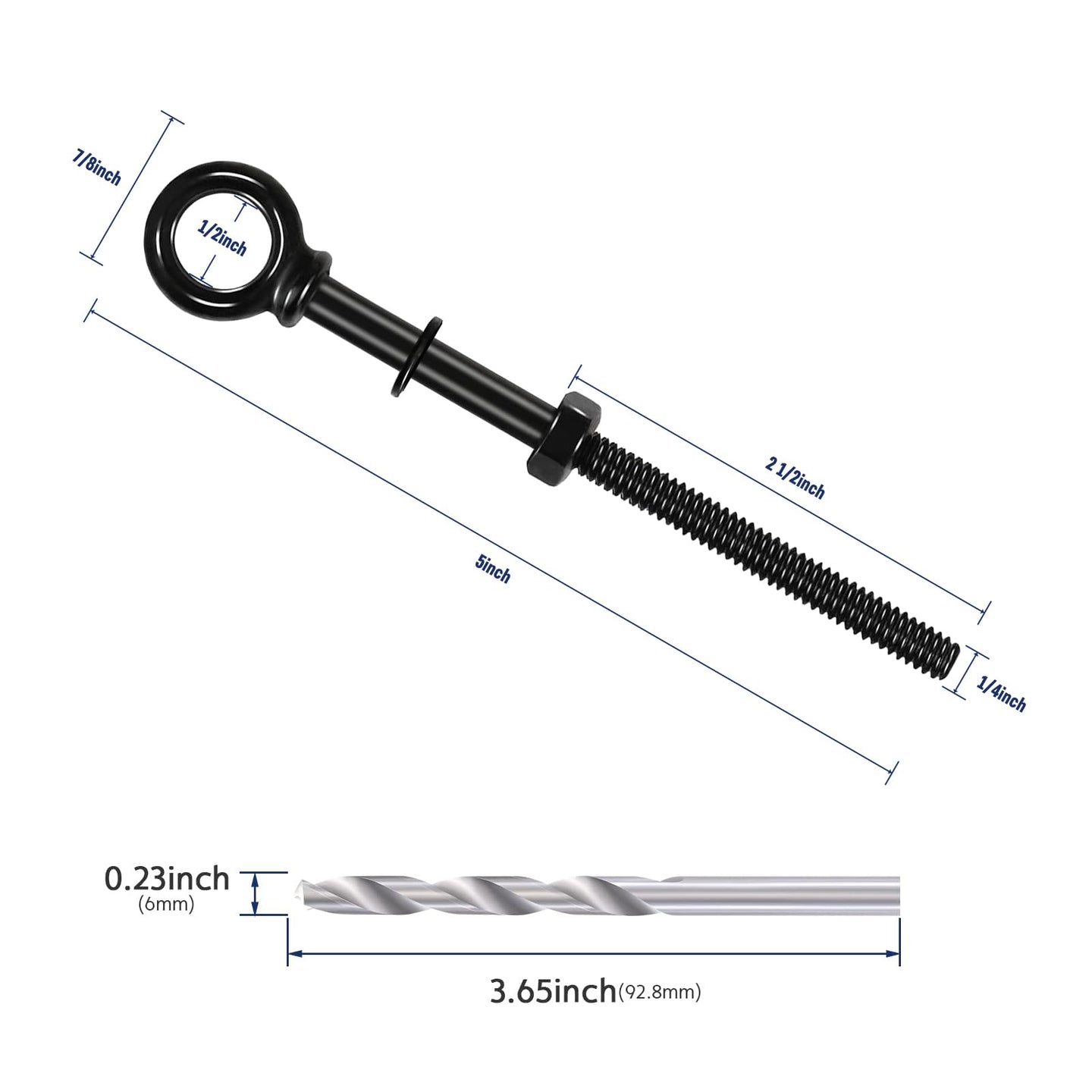 Detailed dimension diagram for a long thread screw eye bolt, providing precise measurements for the inner ring diameter and wood thread length.