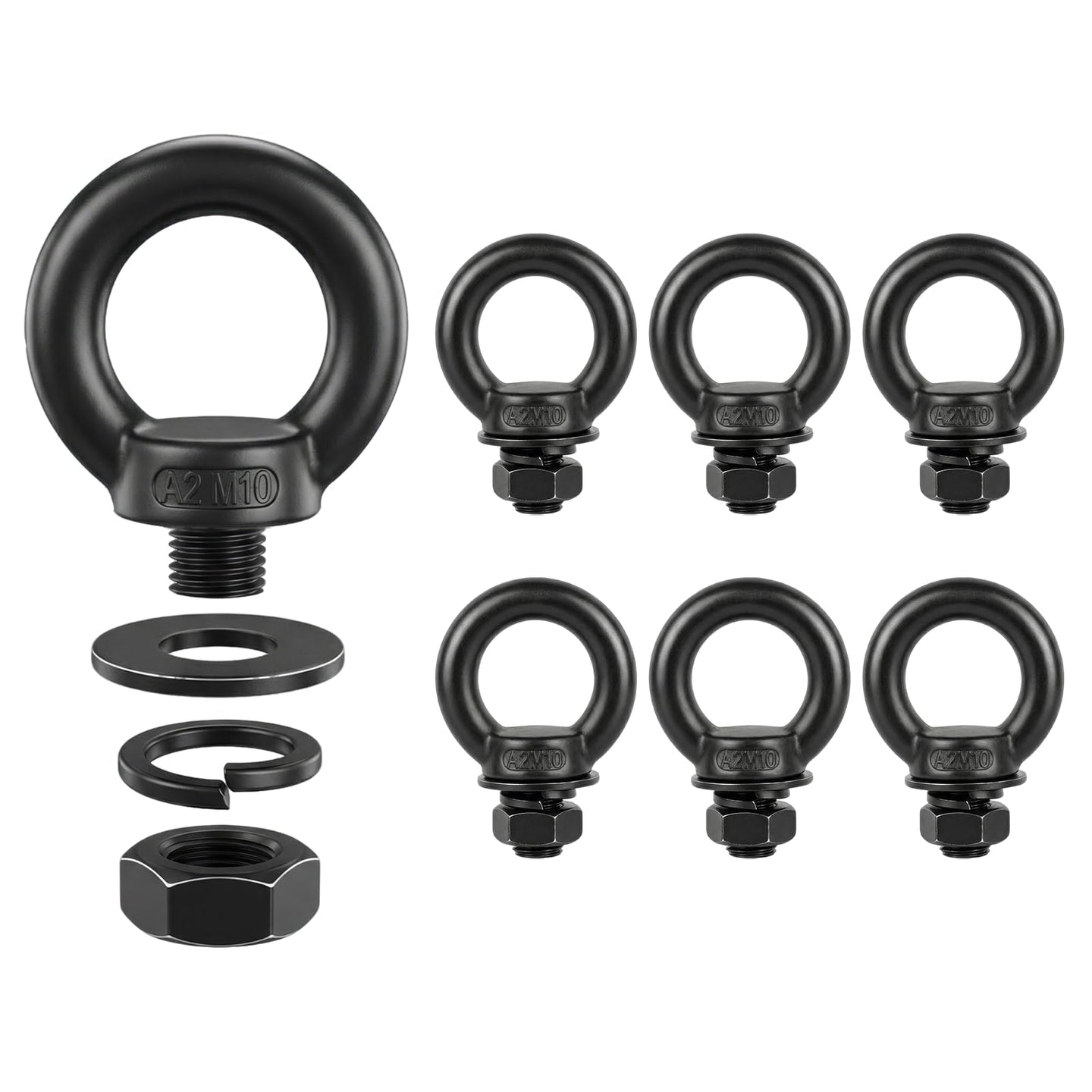 Product bundle featuring five M10 female thread black rigging eye nuts, essential hardware for creating strong attachment points on threaded studs.