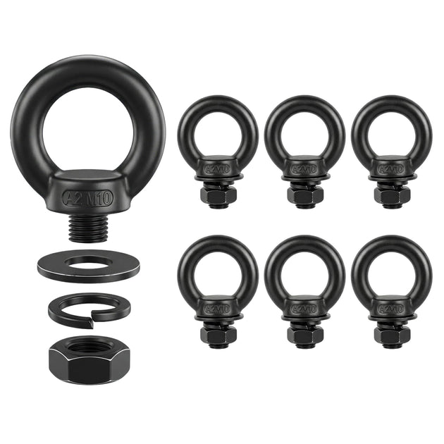 Product bundle featuring five M10 female thread black rigging eye nuts, essential hardware for creating strong attachment points on threaded studs.