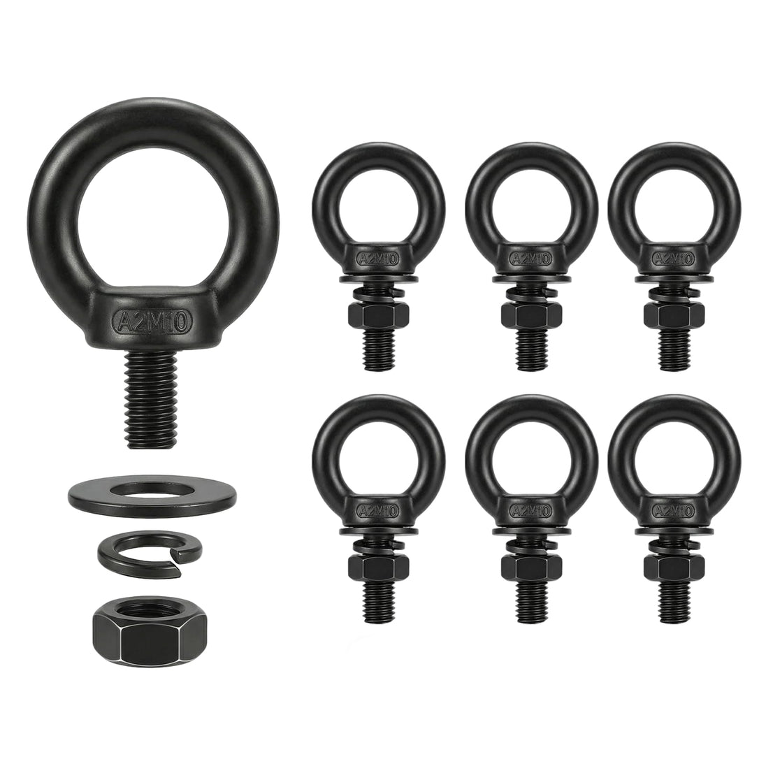 A 5-pack of M10 size heavy-duty stainless steel lifting eye nuts with female threads, providing secure anchor points for bolts and threaded rods.