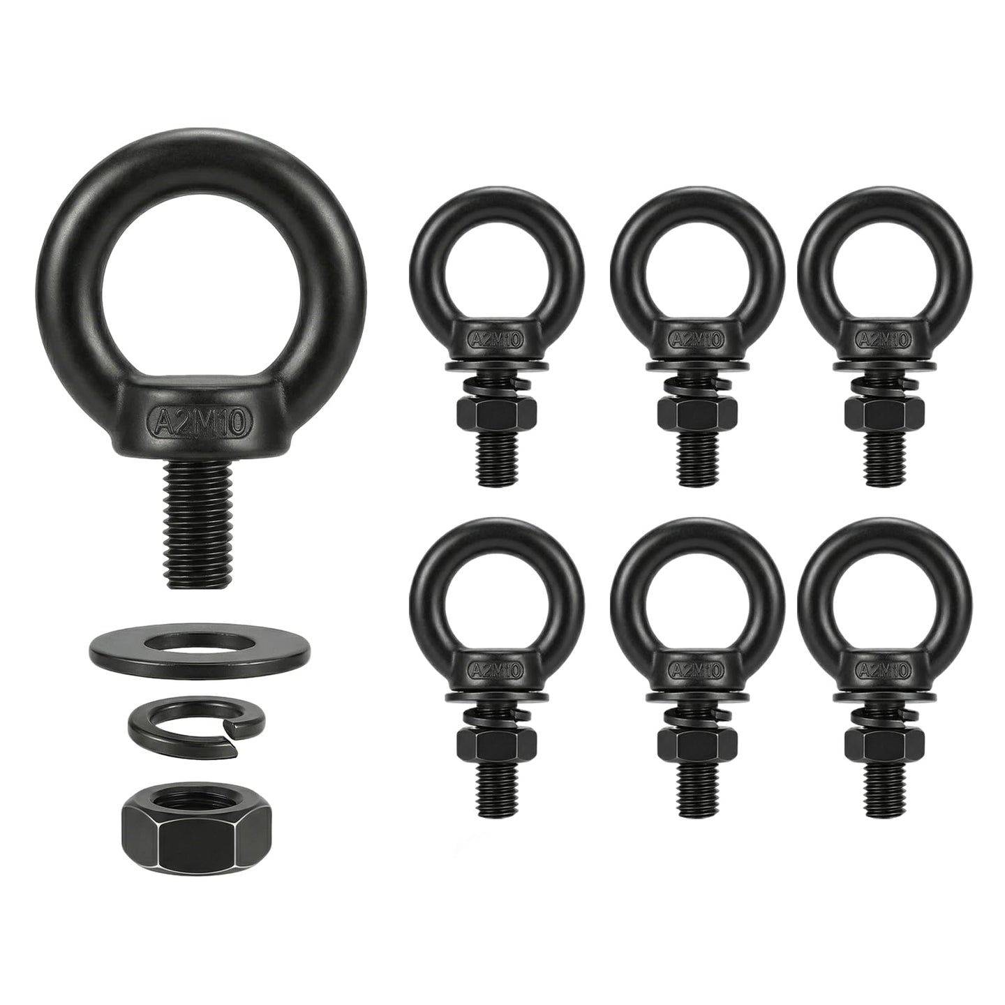 A 5-pack of M10 size heavy-duty stainless steel lifting eye nuts with female threads, providing secure anchor points for bolts and threaded rods.