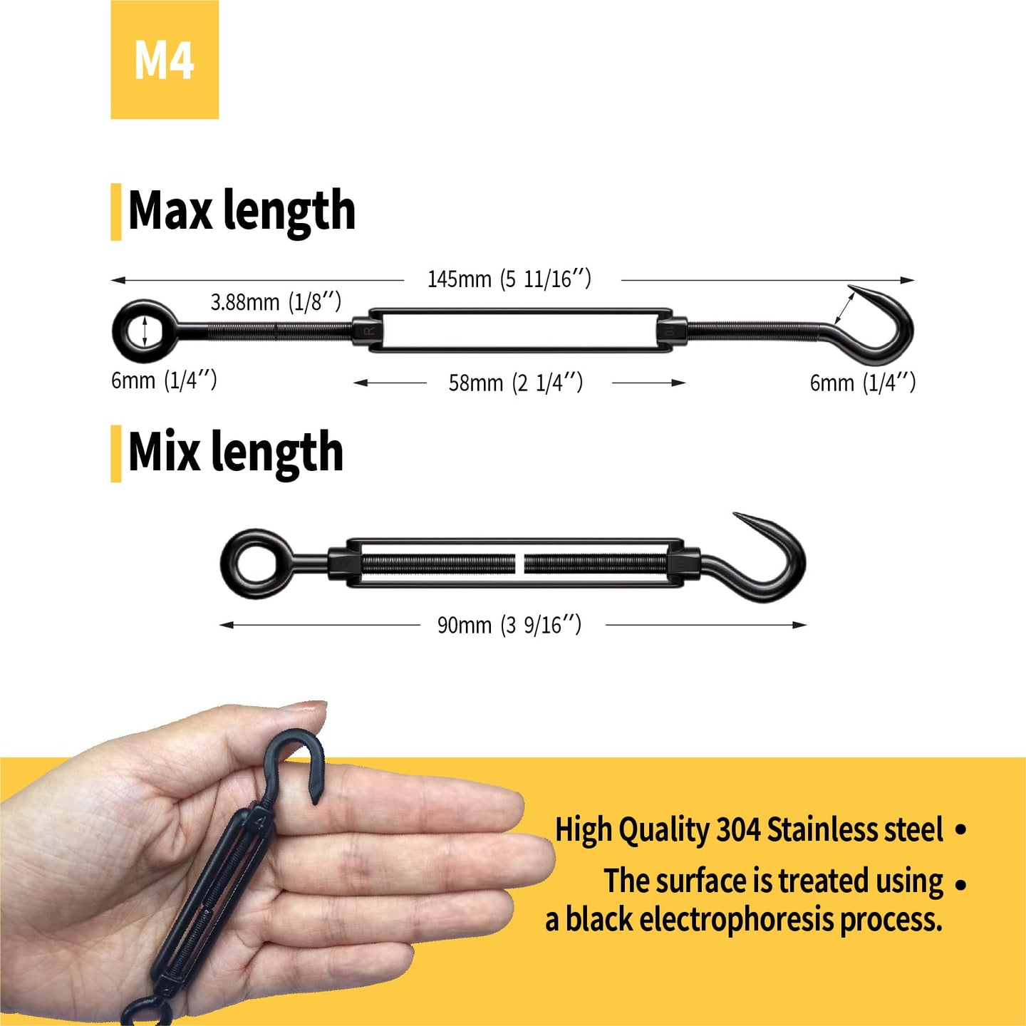M4 size black 304 stainless steel hook and eye turnbuckle showing maximum and minimum length dimensions