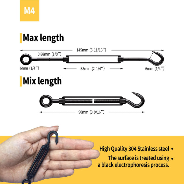 M4 size black 304 stainless steel hook and eye turnbuckle showing maximum and minimum length dimensions
