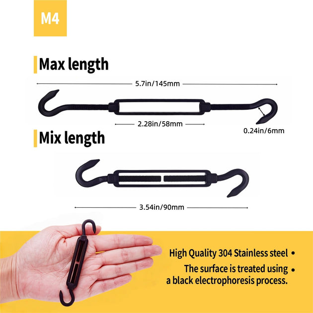 M4 size black dual hook turnbuckle showing maximum and minimum lengths