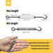M4 size 304 stainless steel hook and eye turnbuckle showing maximum and minimum length dimensions
