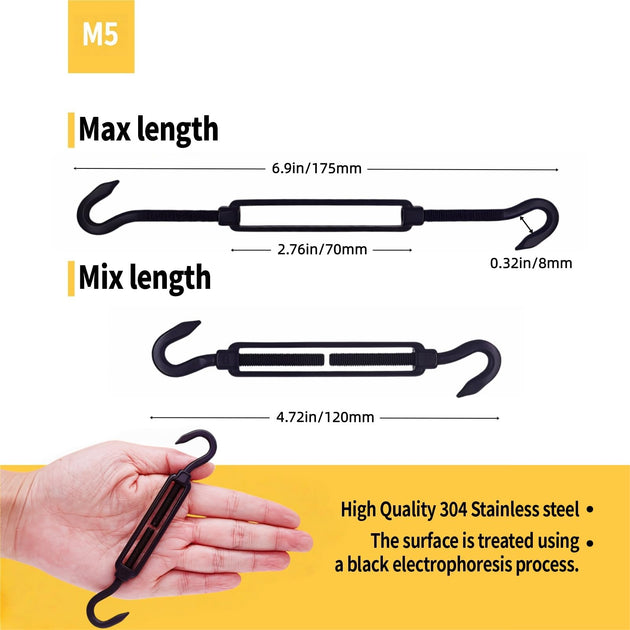 M5 size black stainless steel dual hook wire rope tensioner dimensions held in hand