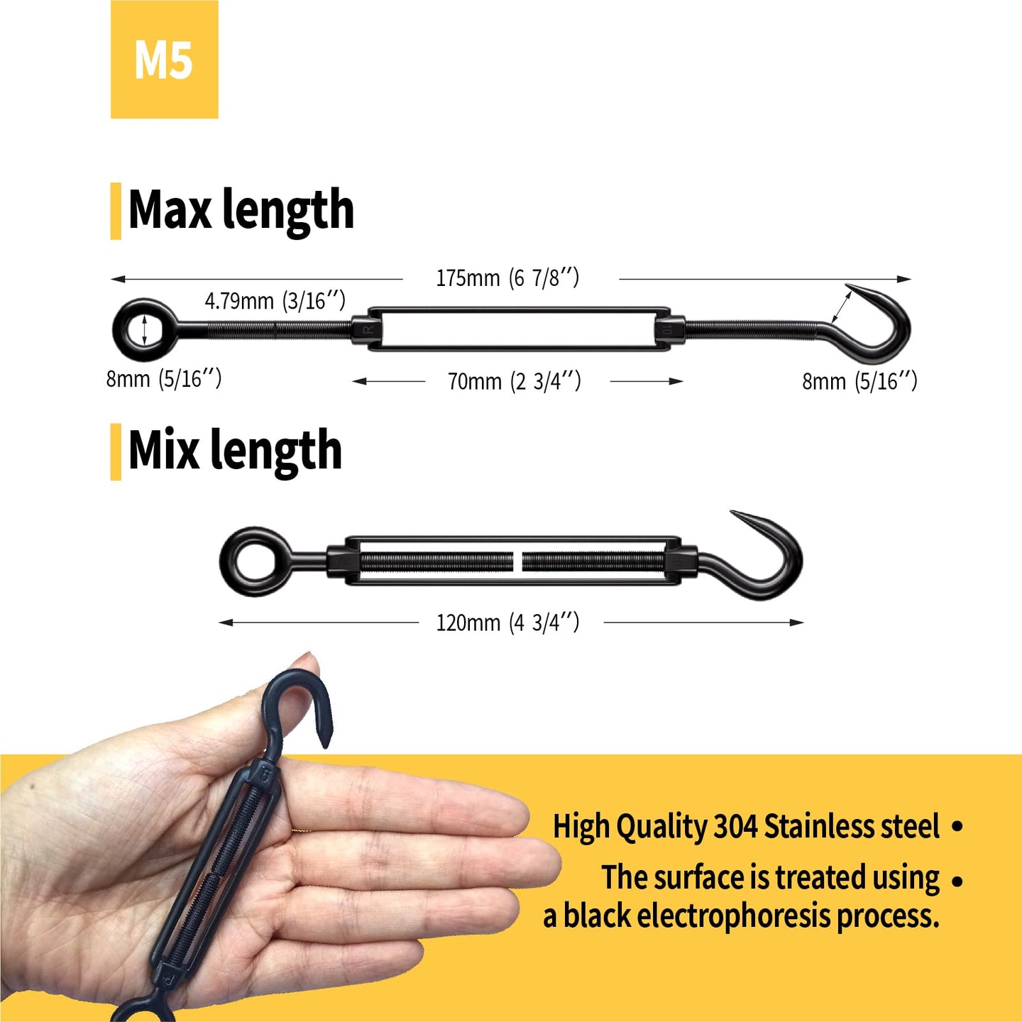 M5 size black stainless steel wire rope tensioner dimensions and specifications held in hand