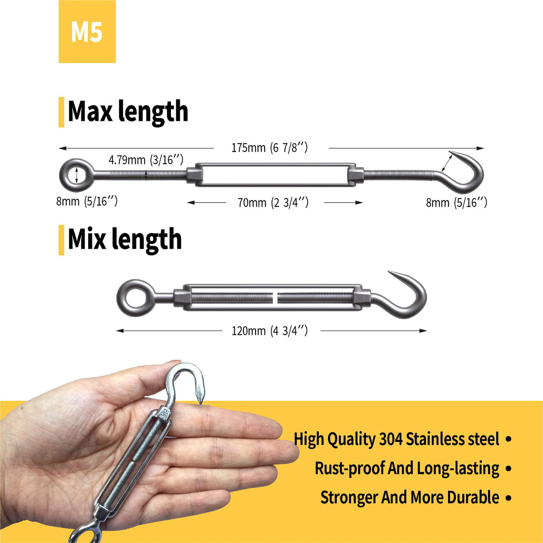 M5 size stainless steel wire rope tensioner dimensions and specifications held in hand