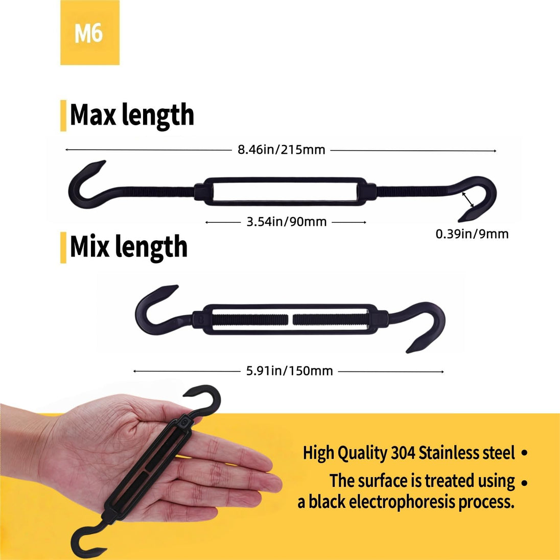 M6 heavy duty black stainless steel hook and hook turnbuckle size guide with hand for scale