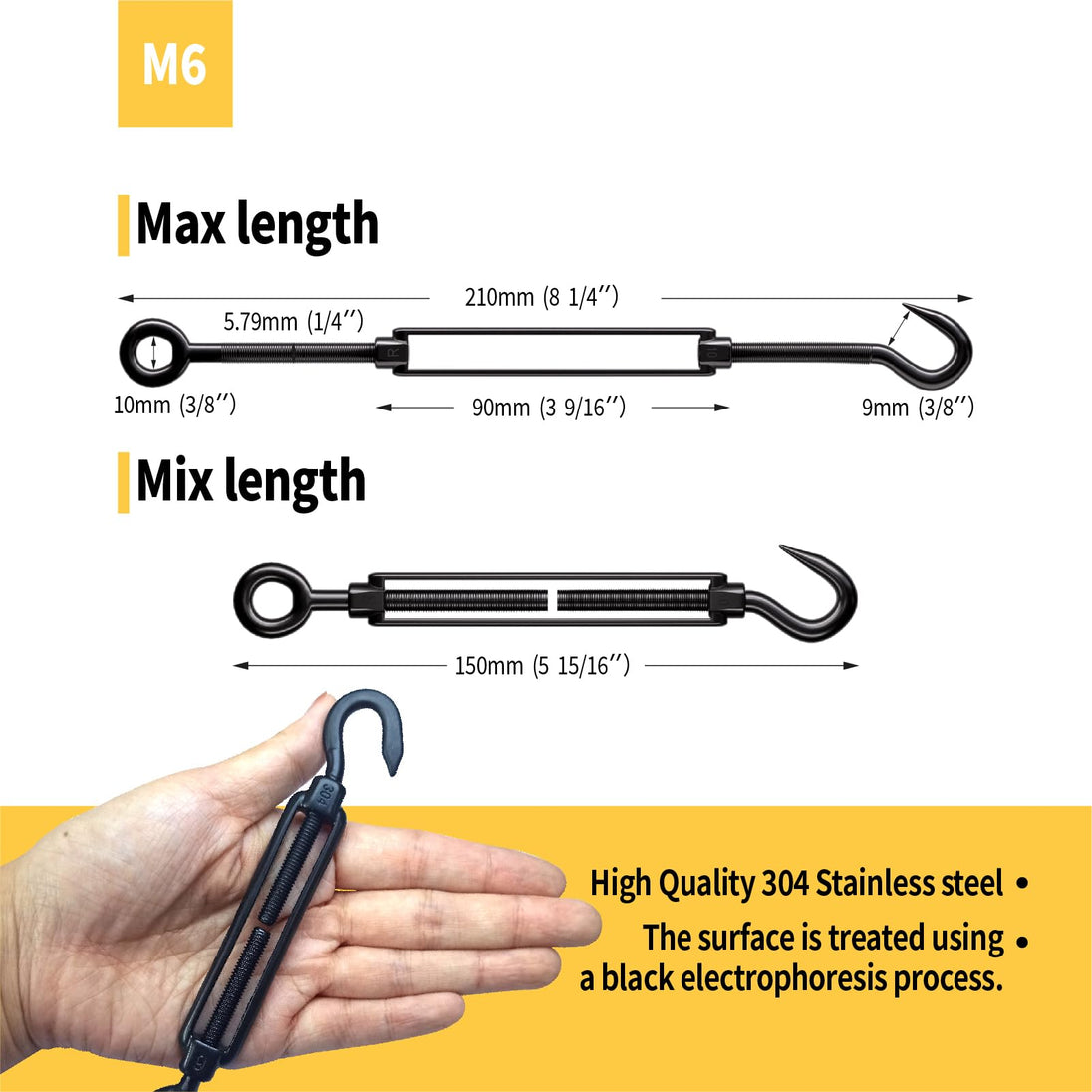 M6 heavy duty black 304 stainless steel hook and eye turnbuckle size guide with hand for scale