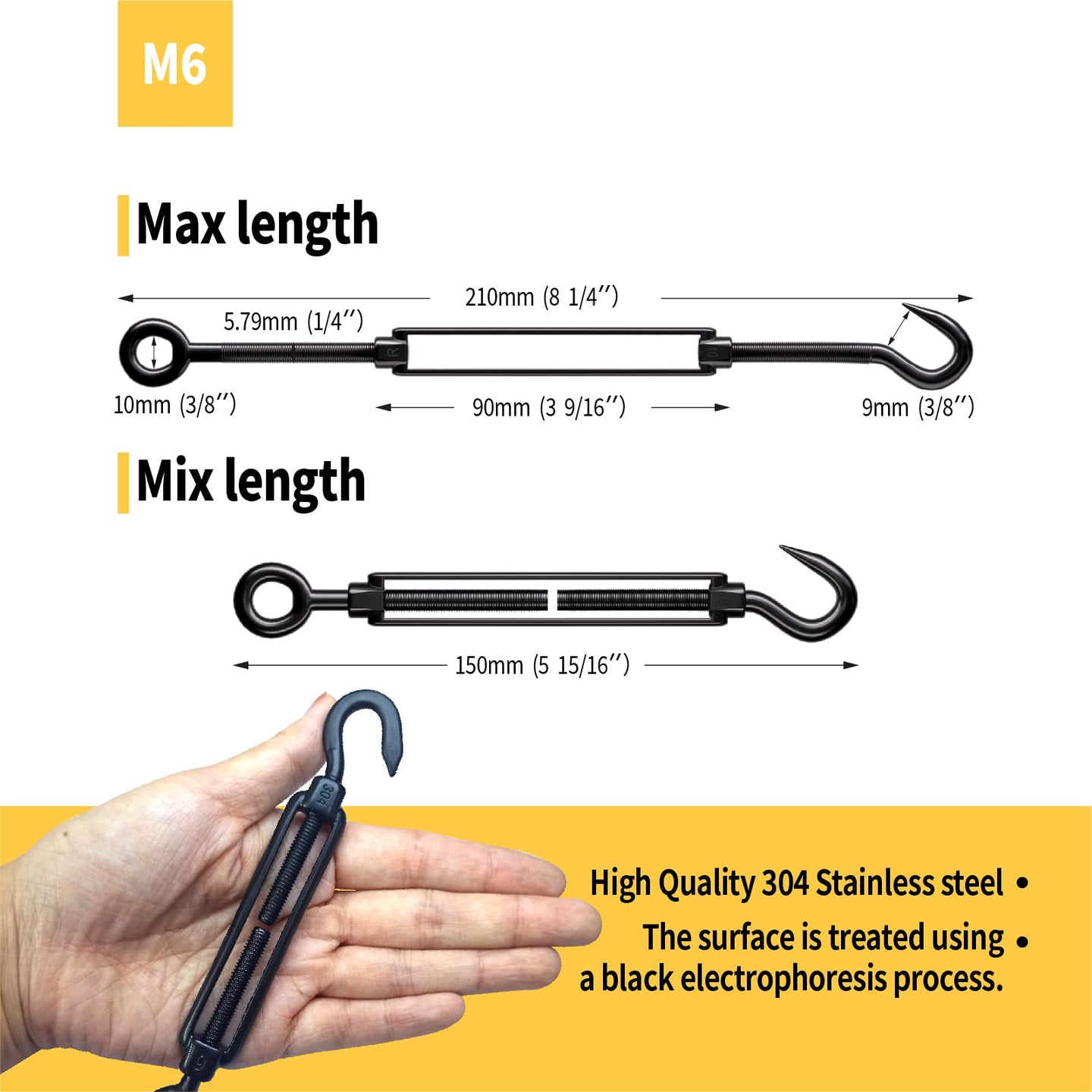 M6 heavy duty black 304 stainless steel hook and eye turnbuckle size guide with hand for scale