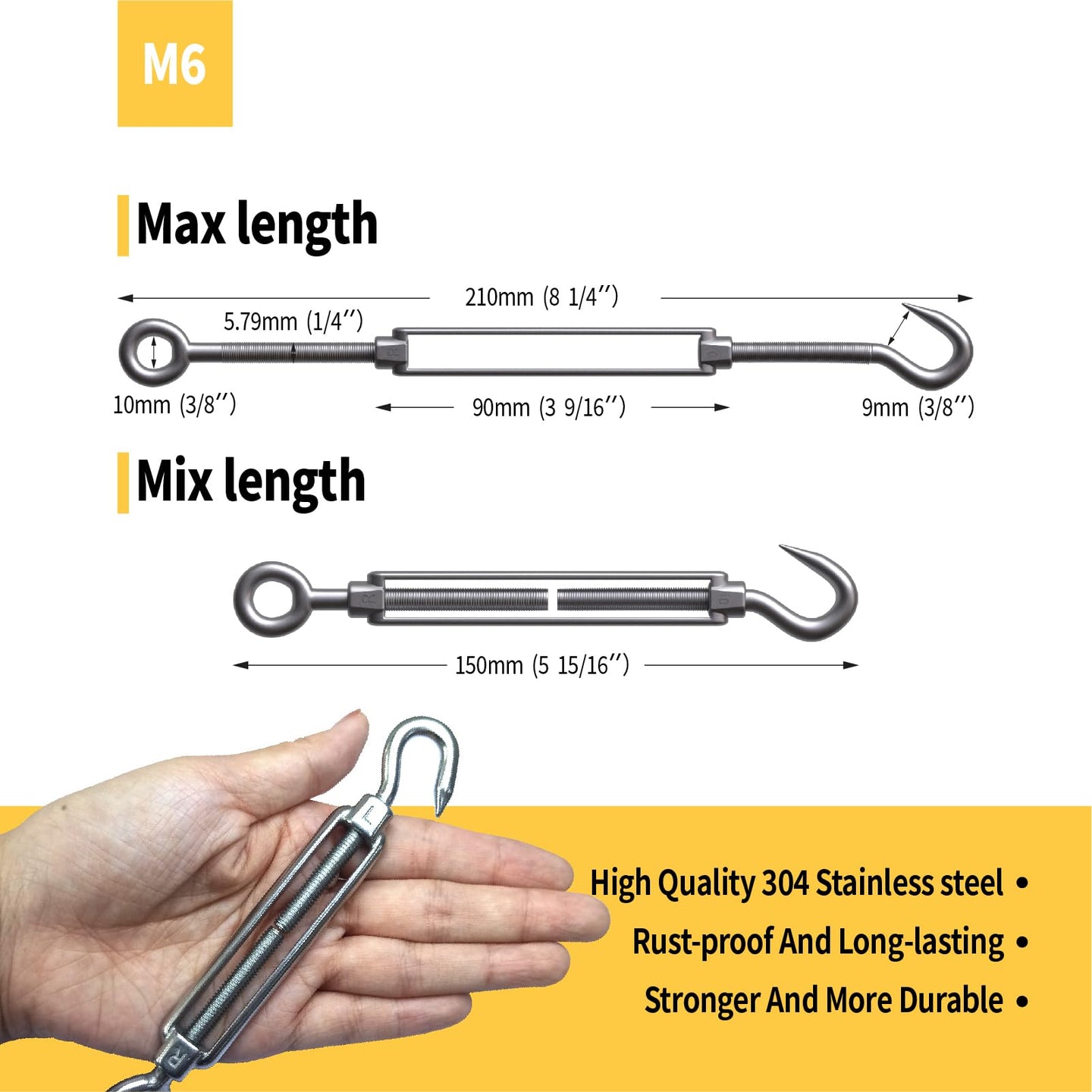 M6 heavy duty 304 stainless steel hook and eye turnbuckle size guide with hand for scale