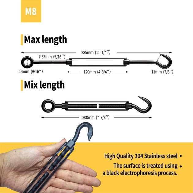 Large M8 size black stainless steel cable tensioner showing open and closed length dimensions