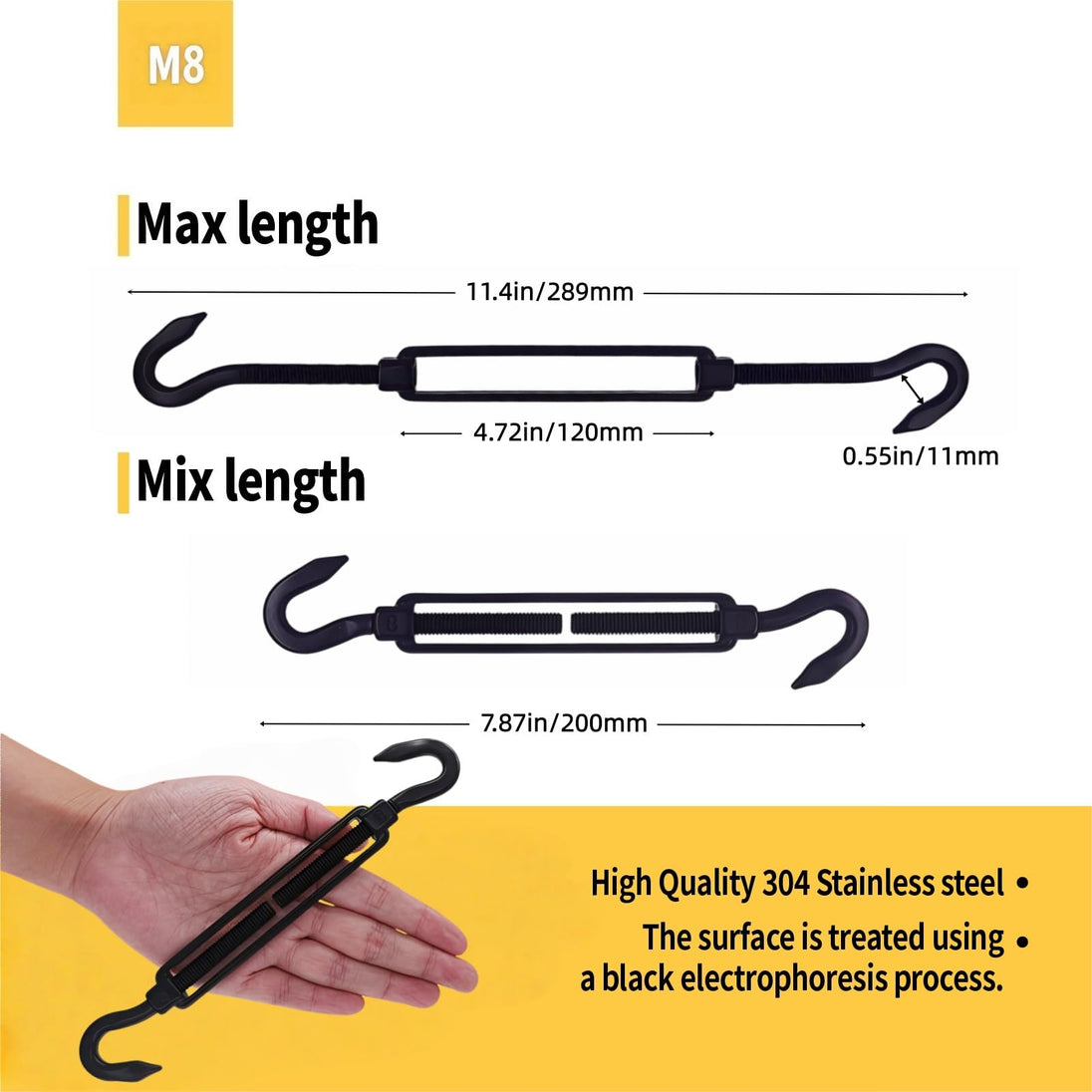Large M8 size black stainless steel hook and hook cable tensioner showing open and closed lengths