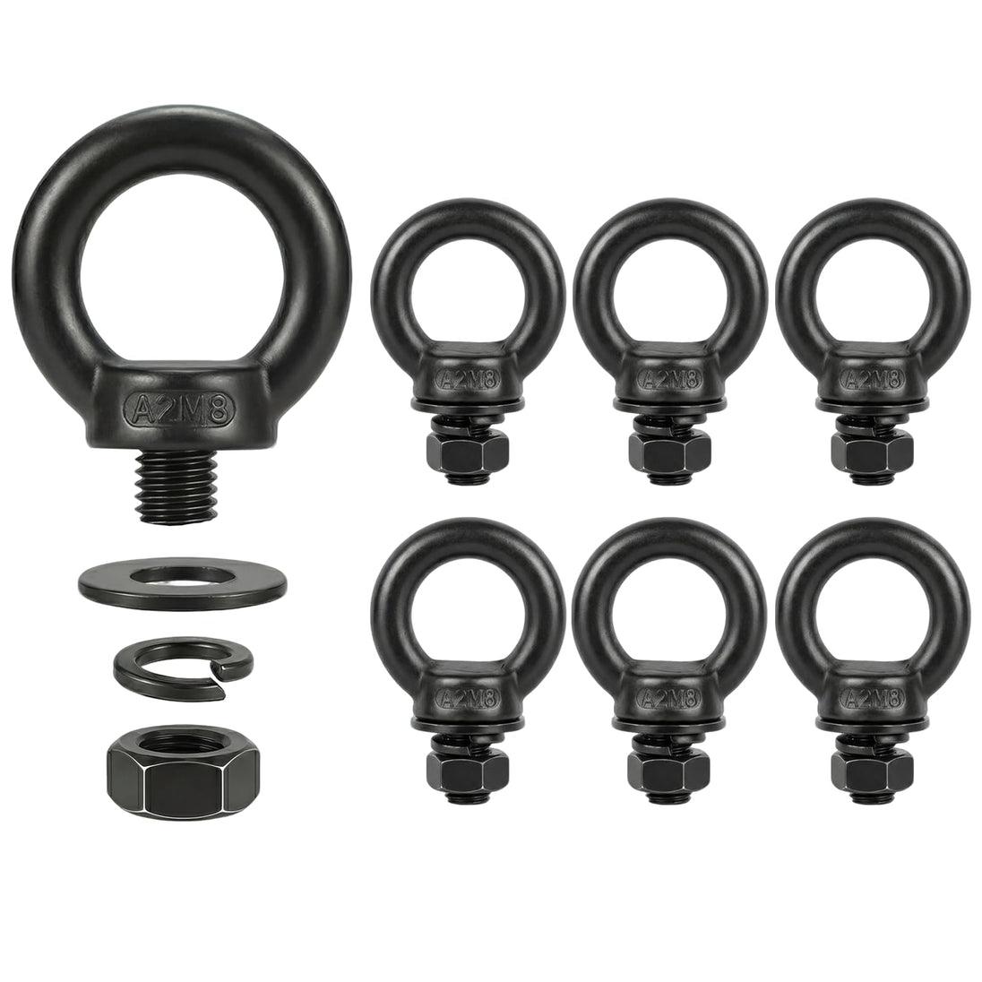 A 5-pack of M8 heavy-duty female thread rigging eye nuts with matching washers, essential fasteners for secure lifting and load suspension.