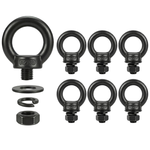 A 5-pack of M8 heavy-duty female thread rigging eye nuts with matching washers, essential fasteners for secure lifting and load suspension.